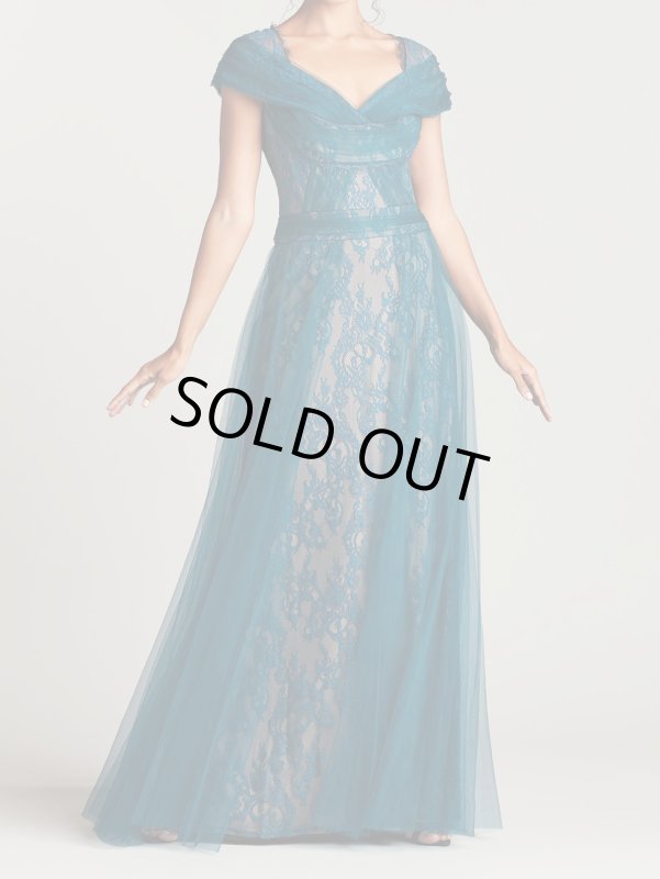 画像1: 限定セール！Tadashi Shoji タダシショージ  Baris Paisley Lace Cap-Sleeve Gown　ブルー、グリーン系 (1)