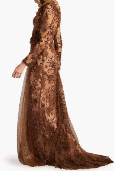 画像3: セール！Tadashi Shoji  タダシショージ　Silvia Embroidered Illusion Gown　ブラウン系  08243 (3)