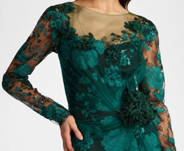 画像4:  限定セール!Tadashi Shoji  タダシショージ Silvia Embroidered Illusion Gown グリーン (4)