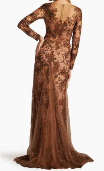 画像2: セール！Tadashi Shoji  タダシショージ　Silvia Embroidered Illusion Gown　ブラウン系  08243 (2)