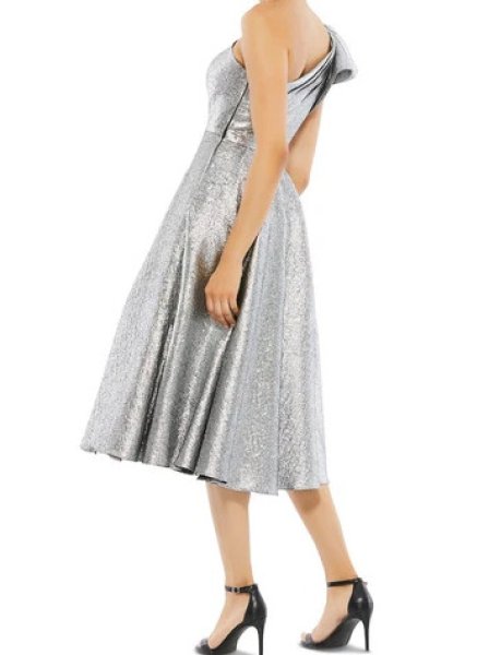 画像2: セール!Mac Duggal マックドゥガル Rosette One Shoulder Tea Length Midi Dress シルバー (2)