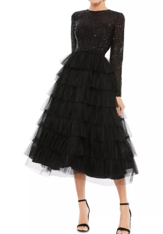 画像1: セール！Mac Duggal マックドゥガル　Sequin Tiered Long Sleeve Tulle Cocktail Dress (1)