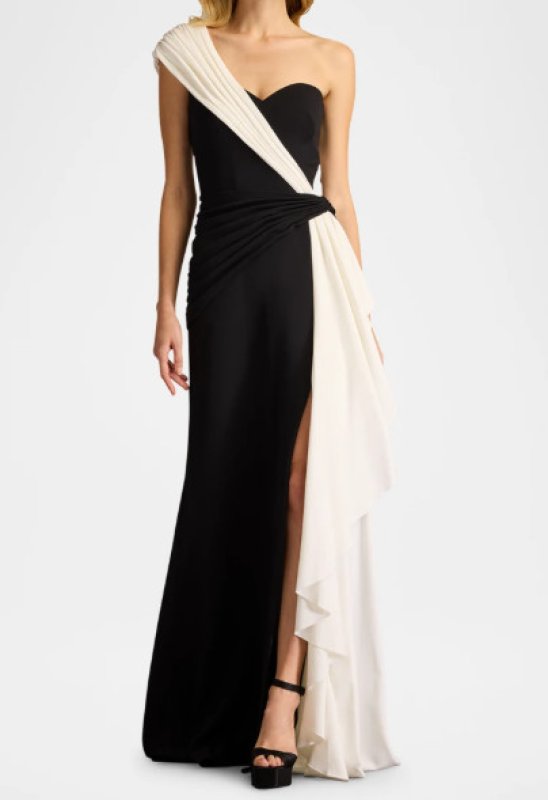 画像1: Tadashi Shoji タダシショージ　 Lune Waterfall Sash Gown   ブラック、ホワイト (1)