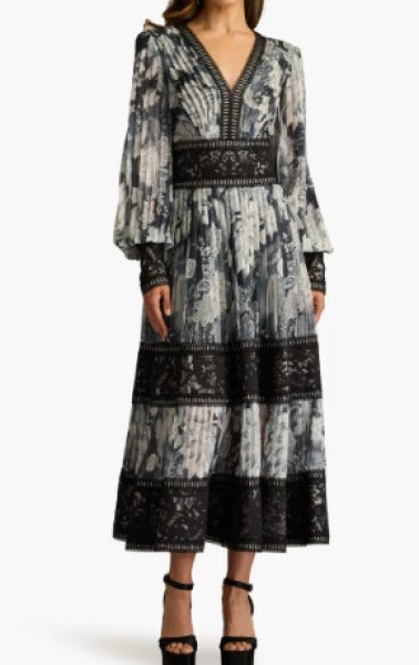 画像1: Tadashi Shoji タダシショージ  Derby  プリーツシフォンドレス　ブラック、アイボリー系   (1)