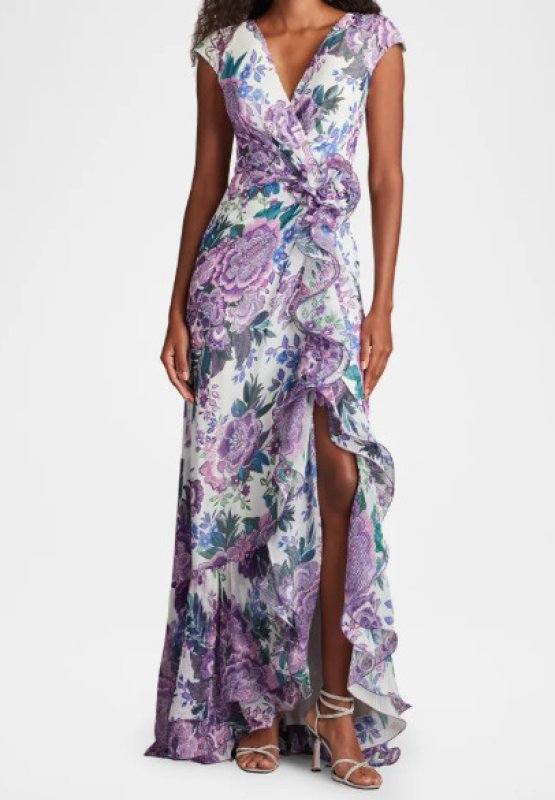 画像1: Tadashi Shoji  タダシショージ  Sinai Floral Cascading Ruffle Gown　ホワイト、パープル系 (1)