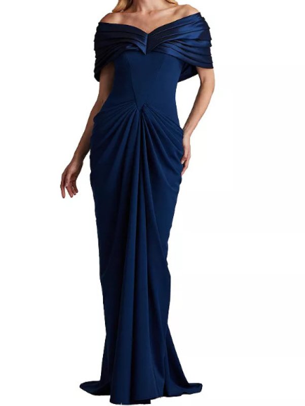 画像1: Tadashi Shoji タダシショージ  Seraphine Pleated Portrait Collar Gown　ネイビー (1)