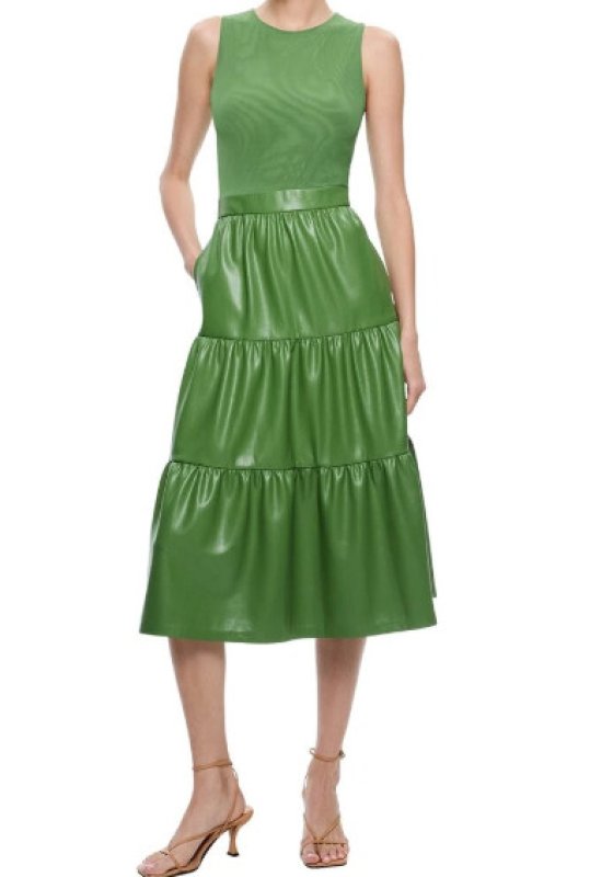 画像1: セール！【テレビ使用】Alice + Olivia アリスアンドオリビア　CHARA VEGAN LEATHER SLEEVELESS TIERED MIDI DRESS  04044 (1)