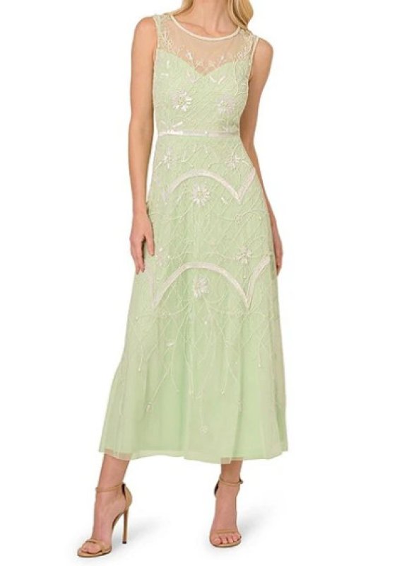 画像1: Adrianna Papell　アドリアナパペル  Beaded Mesh Sleeveless A-Line Midi Dress  04041 (1)