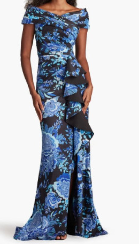 画像1: Tadashi Shoji  タダシショージ  Leticia Floral Waterfall Flounce Gown　ブラック、ブルー系 (1)