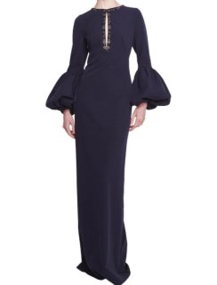 パーティードレス｜Marchesa Notte 袖ありネイビー ビジューロングドレス