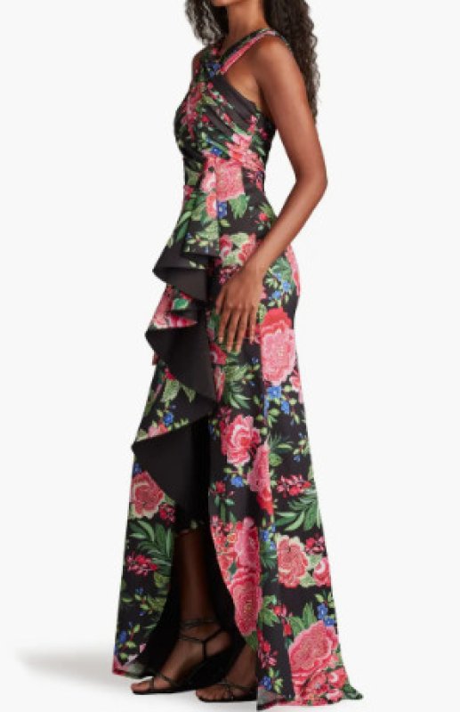 画像2: Tadashi Shoji  タダシショージ  Elarra Floral Waterfall Flounce Gown ブラック、ピンク系 (2)