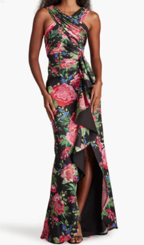 画像1: Tadashi Shoji  タダシショージ  Elarra Floral Waterfall Flounce Gown ブラック、ピンク系 (1)