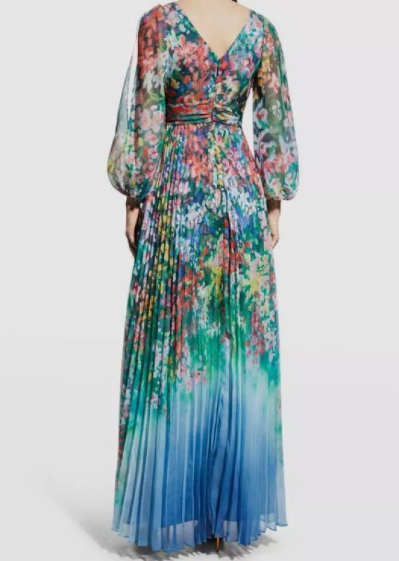 画像2: セール！Marchesa Notte マルケッサノッテ　Blue Pleated Floral Chiffon Dress  (2)