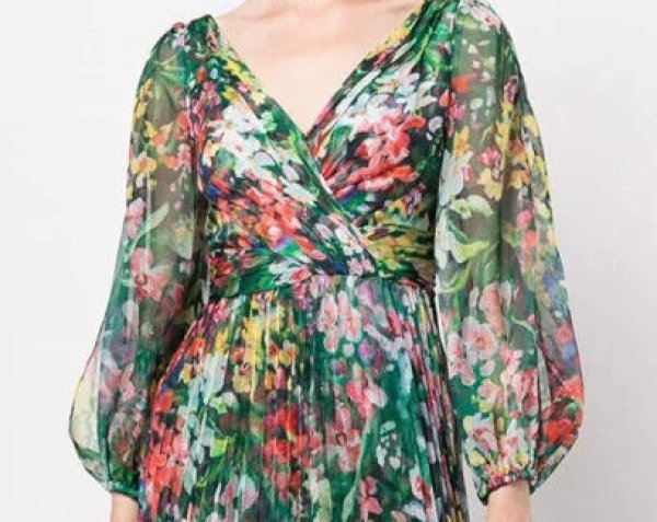 画像3: セール!Marchesa Notte マルケッサノッテ Blue Pleated Floral Chiffon Dress  (3)