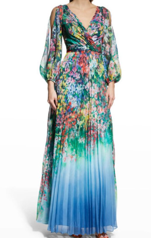 画像1: セール！Marchesa Notte マルケッサノッテ　Blue Pleated Floral Chiffon Dress  (1)