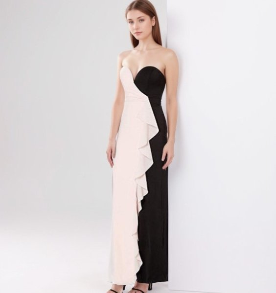 画像2: セール!Nicole Miller ニコルミラー  Strapless Ruffle Gown PEACH/BLACK  05051 (2)
