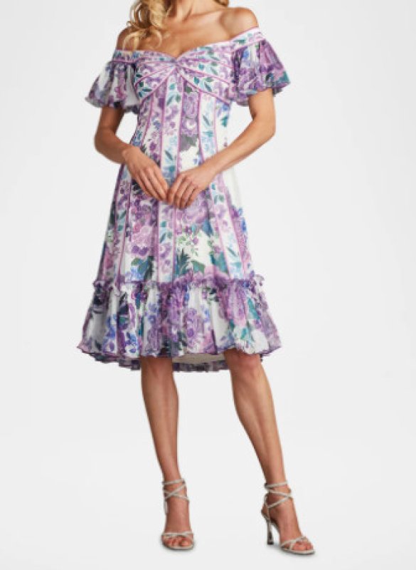 画像1: Tadashi Shoji  タダシショージ  　Breeze Floral Print Chiffon Dress  ホワイト、パープル系 (1)