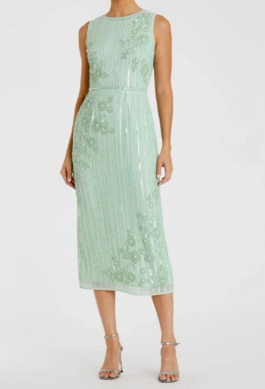 画像1: セール！Mac Duggal マックドゥガル　Striped Floral Embellish Sleeveless Midi Dress グリーン系  05151 (1)