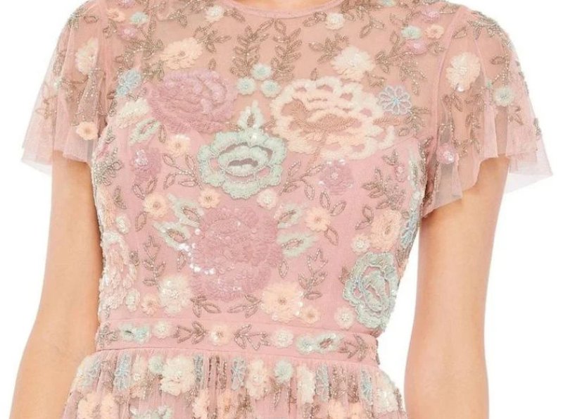 画像2: セール！Mac Duggal マックドゥガル　Embellished Illusion Butterfly Sleeve Midi Dress  ピンク系 05261 (2)