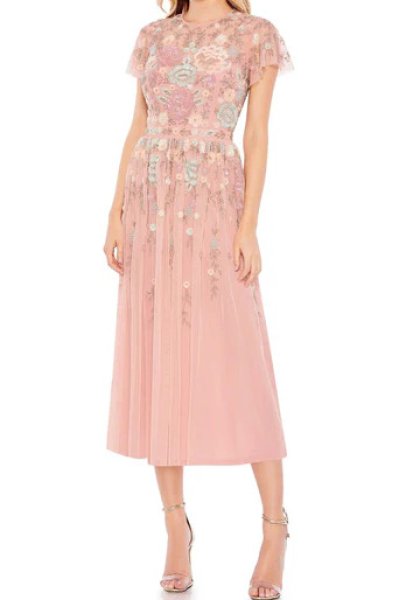 画像1: セール！Mac Duggal マックドゥガル　Embellished Illusion Butterfly Sleeve Midi Dress  ピンク系 (1)