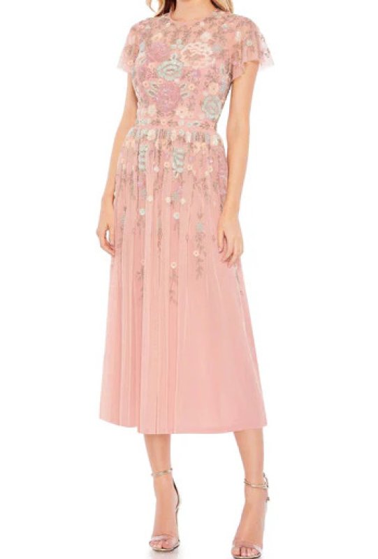 画像1: セール！Mac Duggal マックドゥガル　Embellished Illusion Butterfly Sleeve Midi Dress  ピンク系 05261 (1)