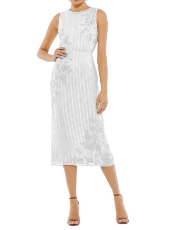 画像1: セール！Mac Duggal マックドゥガル　Striped Floral Embellish Sleeveless Midi Dress ホワイト系  05151 (1)
