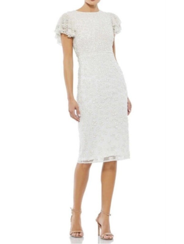 画像1: セール！Mac Duggal マックドゥガル　 Flounce Sleeve Beaded Midi Dress ホワイト  05171 (1)