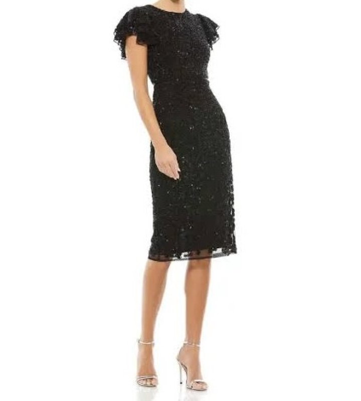 画像1: セール！Mac Duggal マックドゥガル　Flounce Sleeve Beaded Midi Dress　ブラック　05171 (1)