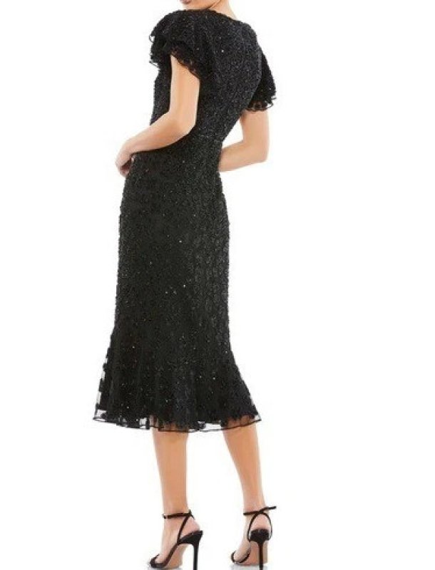 画像2: セール！Mac Duggal マックドゥガル　Floral Sequin Beaded Flutter Sleeves Midi Dress　ブラック (2)