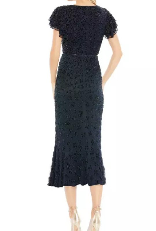 画像4: セール！Mac Duggal マックドゥガル　Floral Sequin Beaded Flutter Sleeves Midi Dress　ネイビー  05201 (4)