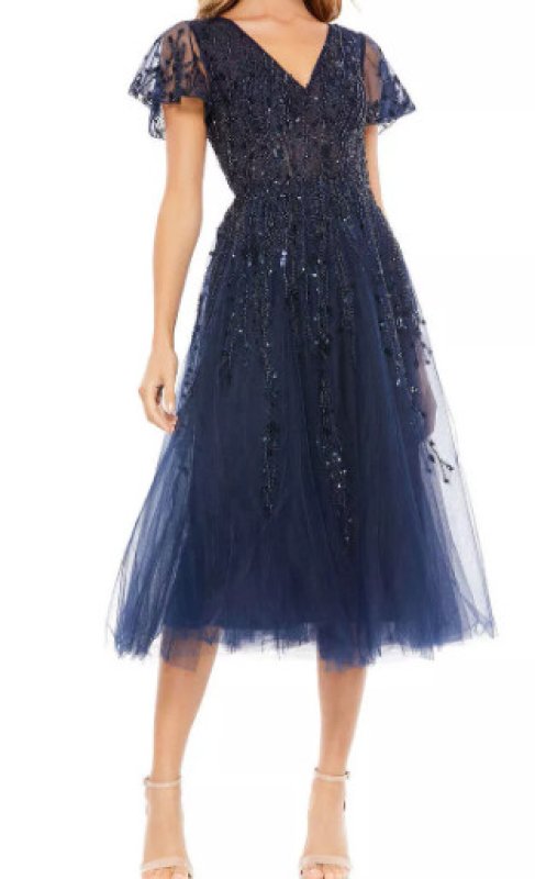画像1: セール！Mac Duggal マックドゥガル　EMBELLISHED FLUTTER SLEEVE TEA-LENGTH DRESS　ネイビー系  05204 (1)