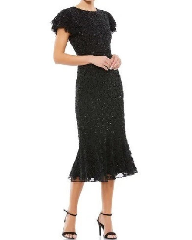 画像1: セール！Mac Duggal マックドゥガル　Floral Sequin Beaded Flutter Sleeves Midi Dress　ブラック (1)