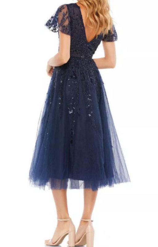 画像2: セール！Mac Duggal マックドゥガル　EMBELLISHED FLUTTER SLEEVE TEA-LENGTH DRESS　ネイビー系  05204 (2)