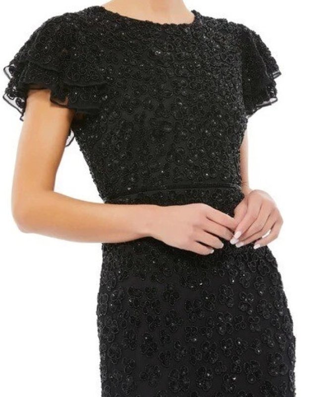 画像3: セール！Mac Duggal マックドゥガル　Floral Sequin Beaded Flutter Sleeves Midi Dress　ブラック (3)