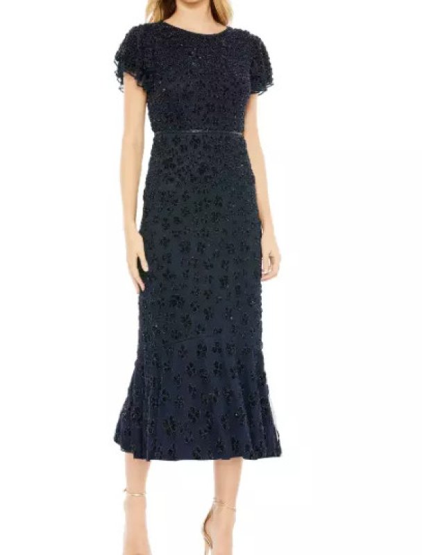 画像1: セール！Mac Duggal マックドゥガル　Floral Sequin Beaded Flutter Sleeves Midi Dress　ネイビー  05201 (1)