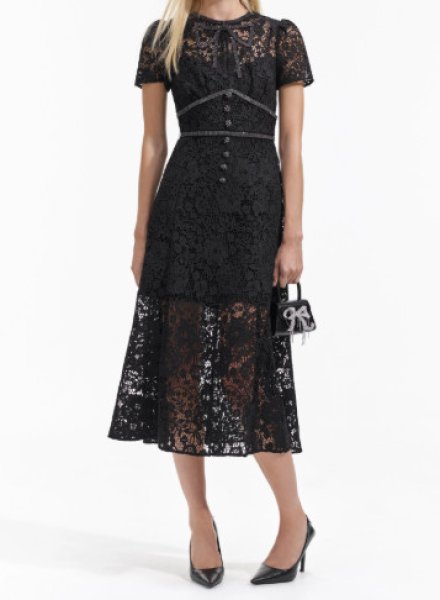 画像1: 【本田望結さん着用】Self Portrait　セルフポートレート　Black Cord Lace Bow Midi Dress (1)