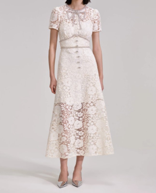 画像1: 【本田望結さん着用】Self Portrait　セルフポートレート　Cream Cord Lace Bow Midi Dress  05212 (1)