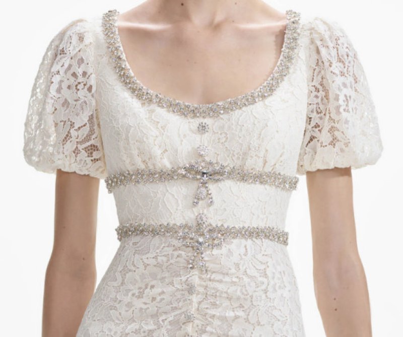 画像4: Self Portrait　セルフポートレート　Cream Lace Diamante Trim Midi Dress  06094 (4)