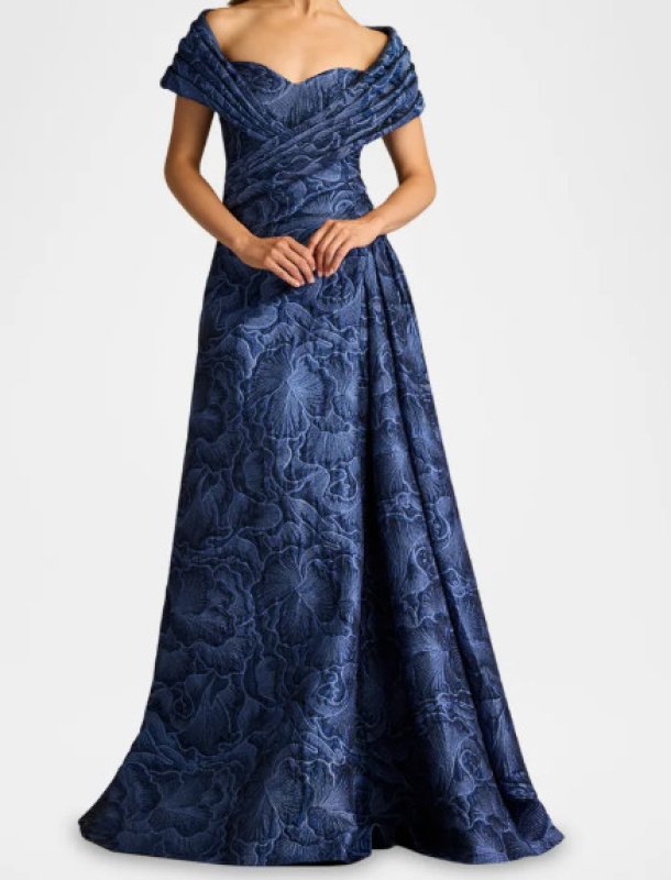 画像1: Tadashi Shoji  タダシショージ  Durant  花柄ジャガードドレス　ブルー系 (1)