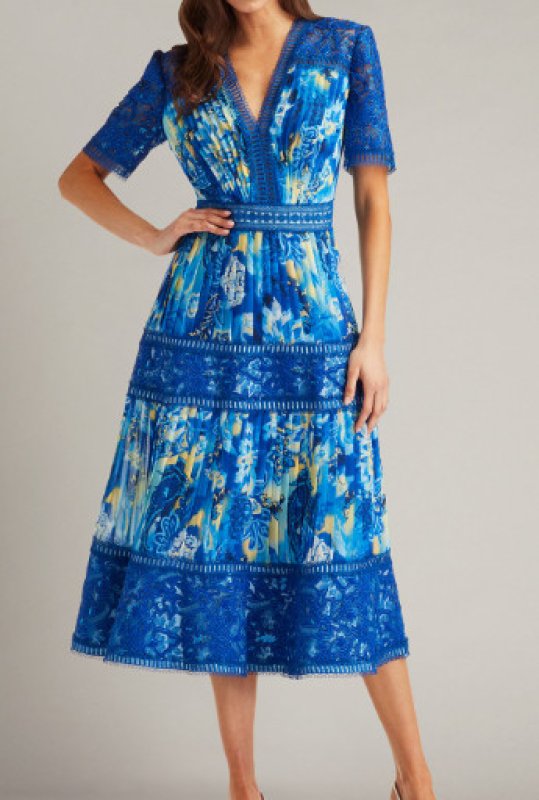 画像1: Tadashi Shoji タダシショージ   Elu 花柄プリーツシフォンドレス　ブルー系   (1)