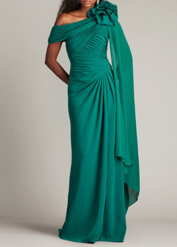 画像1: Tadashi Shoji  タダシショージ   Kamari Draped Rosette Shoulder Gown　グリーン (1)