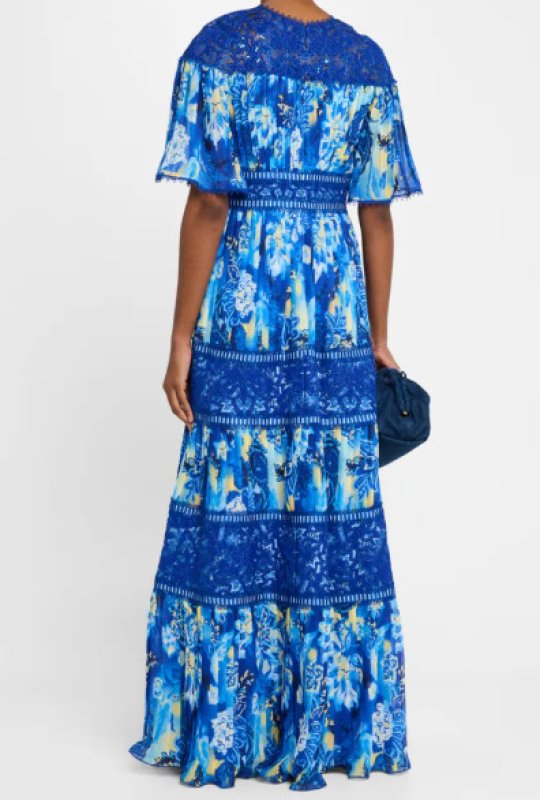 画像2: Tadashi Shoji タダシショージ  Cyra   花柄プリーツシフォンロングドレス　ブルー系   (2)