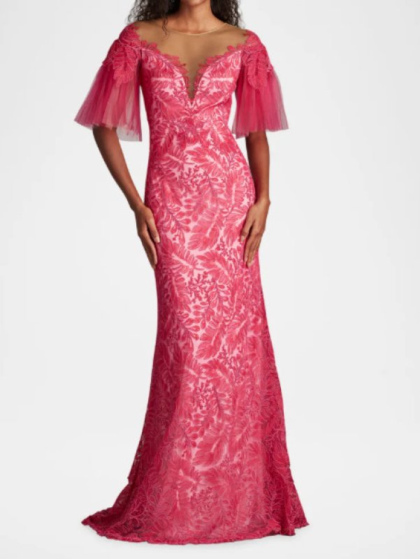 画像1:  Tadashi Shoji  タダシショージ　Ryn Embroidered Tulle Illusion Gown ピンク (1)