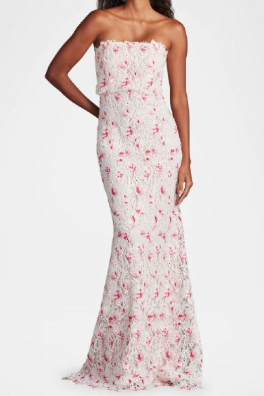 画像1: Tadashi Shoji  タダシショージ   Elissa Lace Blouson Gown  ホワイト、ピンク系 (1)