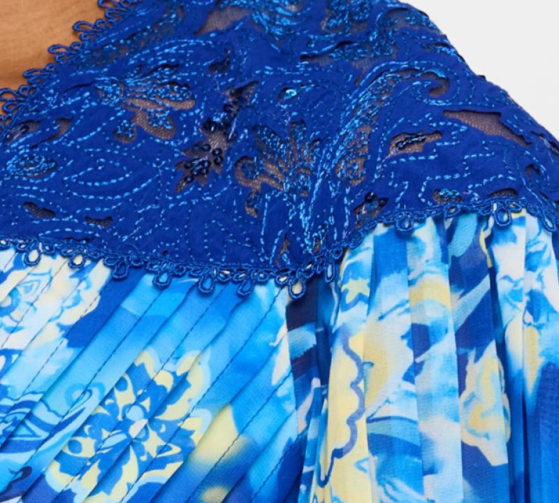 画像3: Tadashi Shoji タダシショージ  Cyra   花柄プリーツシフォンロングドレス　ブルー系   (3)