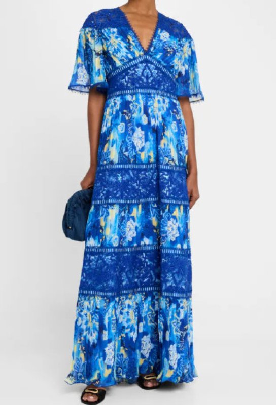 画像1: Tadashi Shoji タダシショージ  Cyra   花柄プリーツシフォンロングドレス　ブルー系   (1)