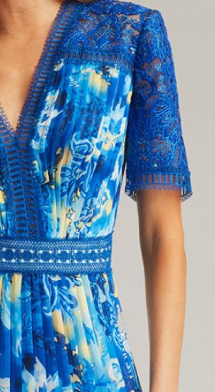 画像3: Tadashi Shoji タダシショージ   Elu 花柄プリーツシフォンドレス　ブルー系   (3)