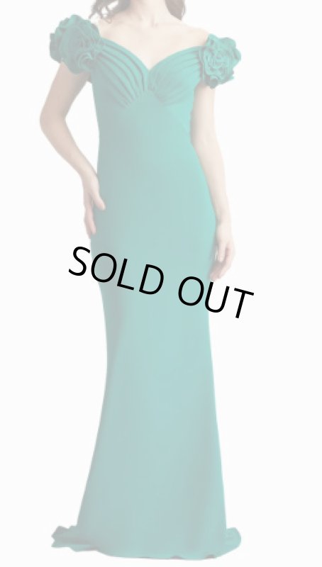 画像1: Tadashi Shoji タダシショージ グリーン Avenne ロゼット装飾 オフショルダー ロングドレス｜演奏会、パーティードレス (1)
