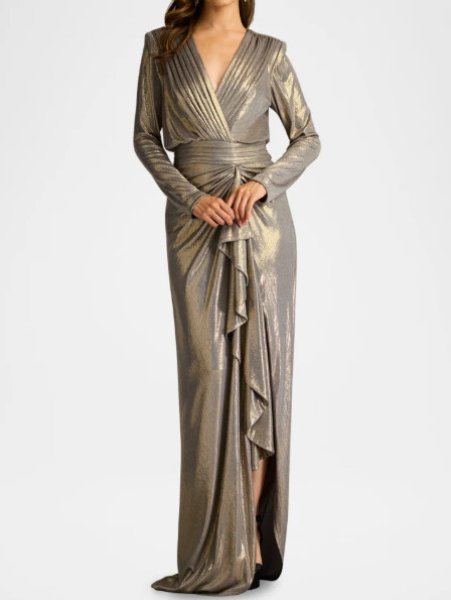 画像1: Tadashi Shoji タダシショージ  　Pomona Metallic Waterfall Flounce Gown (1)