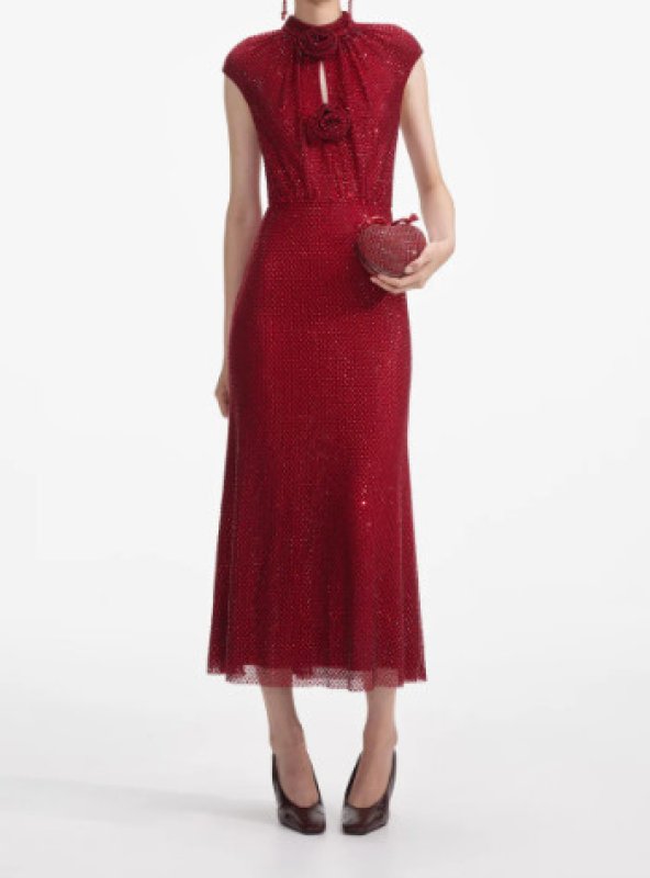 画像1: Self Portrait　セルフポートレート   Red Rhinestone Fishnet Midi Dress (1)